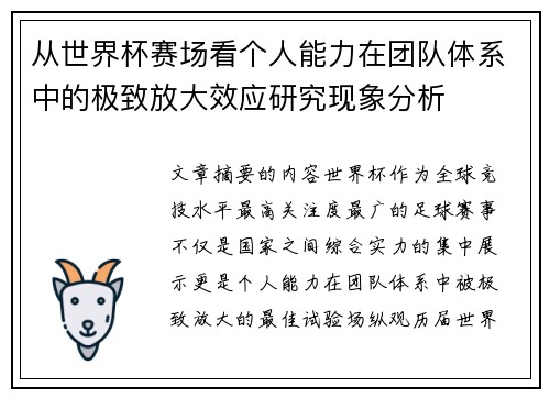 从世界杯赛场看个人能力在团队体系中的极致放大效应研究现象分析 从世界杯赛场看个人能力在团队体系中的极致放大效应研究现象分析