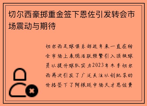 切尔西豪掷重金签下恩佐引发转会市场震动与期待 切尔西豪掷重金签下恩佐引发转会市场震动与期待